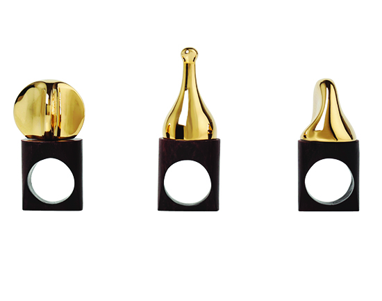 Aneis de madeira e metal banhados a ouro - Foto: reprodução