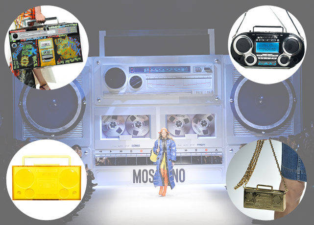 As peças da Moschino e o boombox gigante no desfile de inverno 2016 da marca - Fotos: Getty Images/ Agência Fotosite/ divulgação