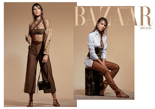 Na esquerda, Paloma usa faixa usada como top, ACERVO; camisa de chamoi, ELLUS; pantacourt, FENDI; cinto, CORELLO; bolsa, JIMMY CHOO; sandalias, DUMOND. Na direita, usa camisa, ANIMALE; corset, TRIYA; calça, GLÓRIA COELHO; brincos, DIOR; cinto, PRADA; sandálias, CAPODARTE.