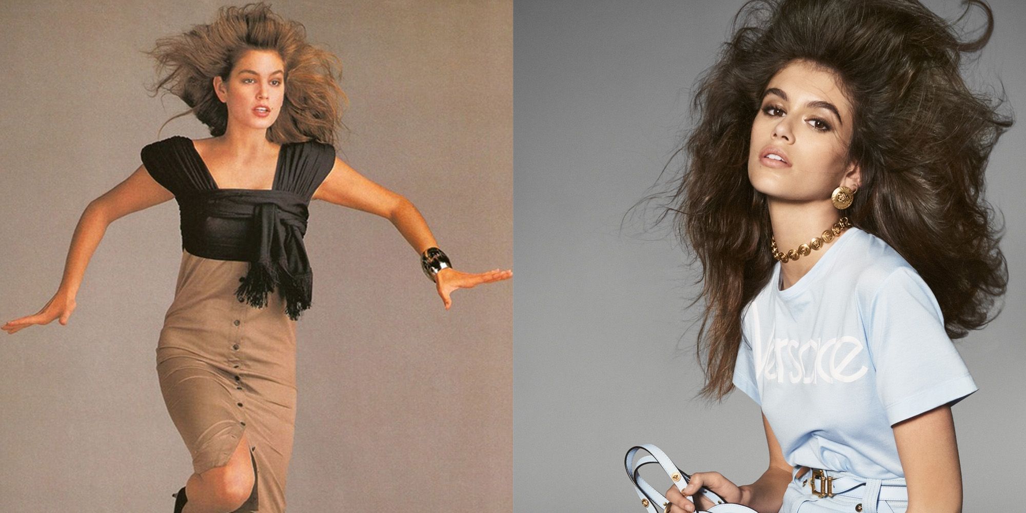 À esq. Cindy Crawford posando para a Versace em 1987 e à dir., sua filha, Kaia Gerber esse ano para a marca italiana - Foto: Richard Avedon/Steven Meisel/Divulgação