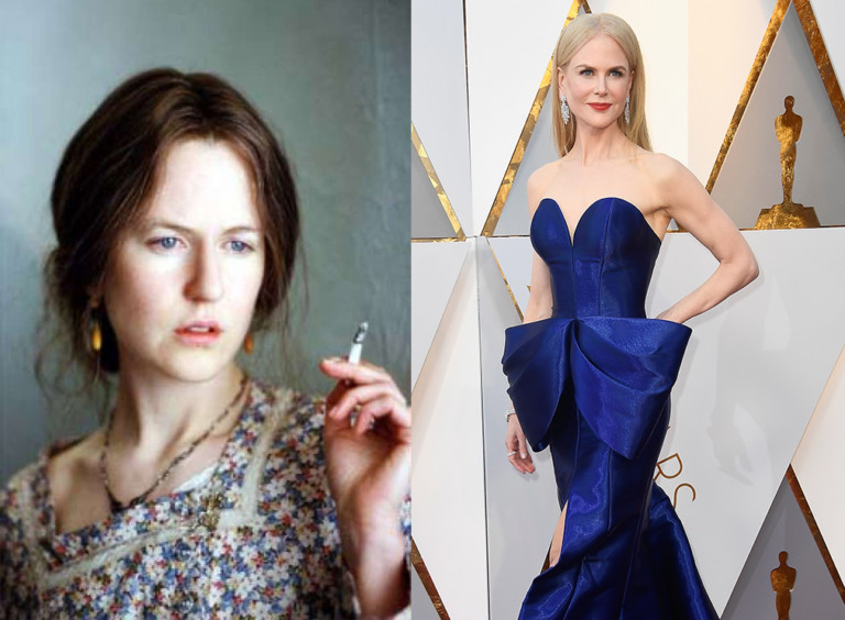 À esq., a atriz interpretando Virginia Woolf e, à dir., no tapete vermelho do Oscar 2018 - Foto Reprodução/Getty Images