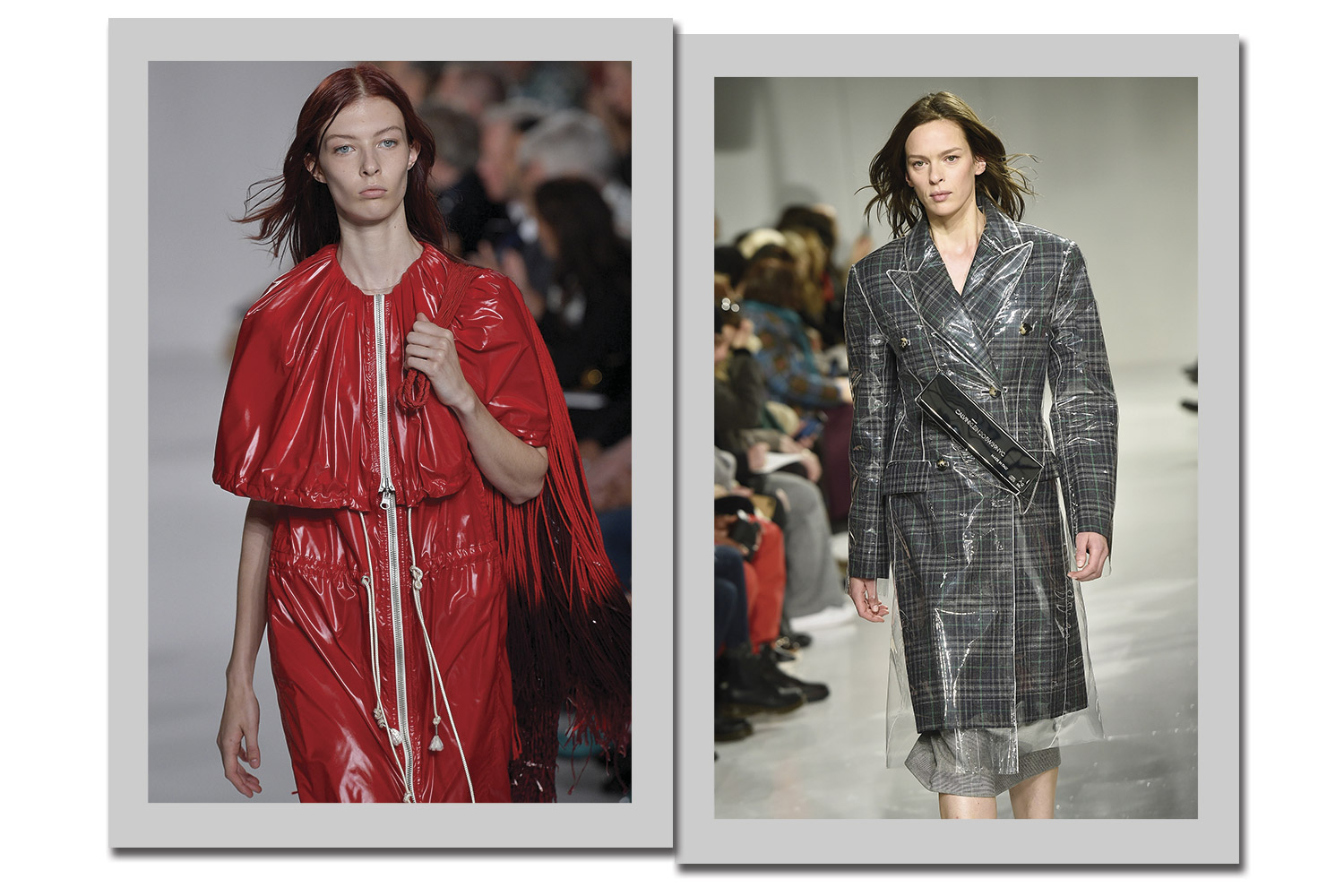 Calvin Klein: vinil e plástico em parcas e nos clássicos trench coats - Fotos: Getty Images