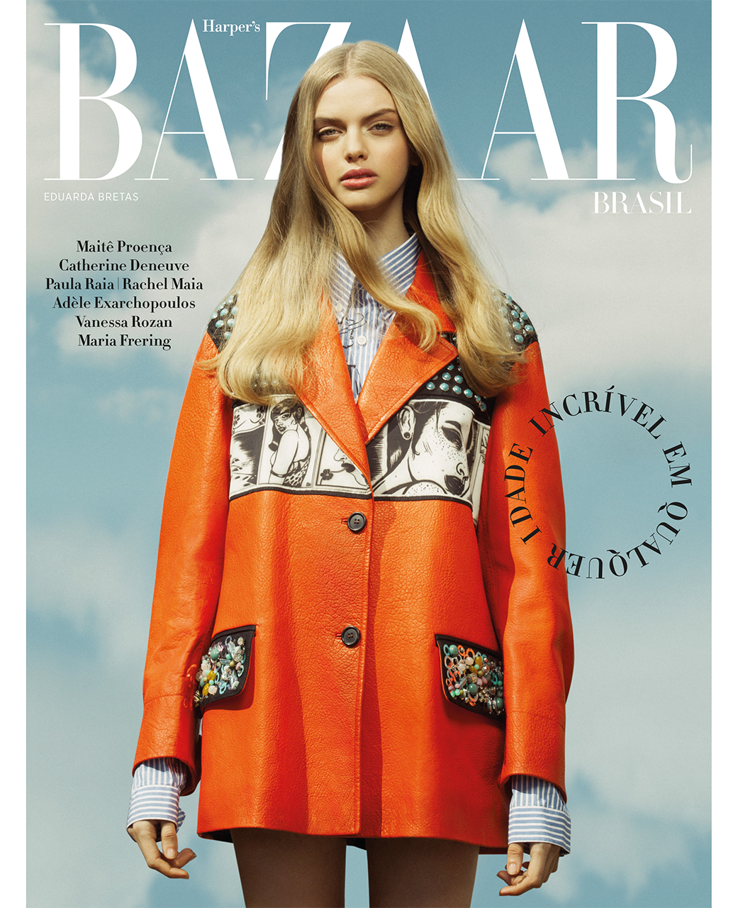 Eduarda Bretas veste Prada, fotografada por Gilad Sasporta com edição de moda de Marti Arcuci, edição executiva de Filipa Bleck, produção executiva de Sheri Chiu, make de Cassandra Garcia e cabelo de Kiko Igarashi