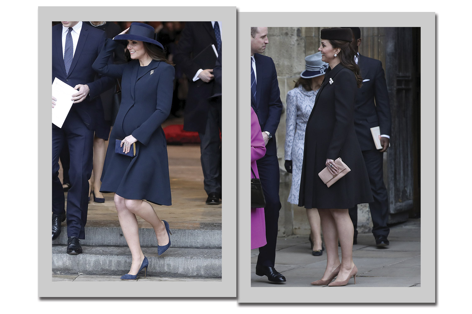 O vestido-casaco usado em dois momentos, com acessórios diferentes: à esquerda, com escarpins e clutch azuais; à direita, com os mesmos acessórios na versão nude. O chapéu modelo de chapéu também mudou o visual! - Fotos: Getty Images