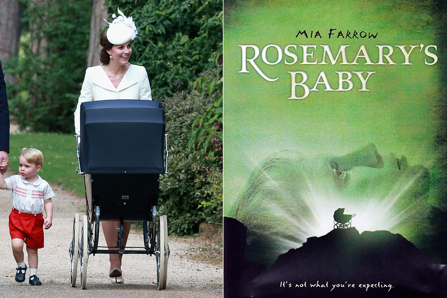 Carrinho de Charlotte (à direita) e o pôster original do filme "O Bebê de Rosemary" (à direita) - Fotos: Getty Images e Reprodução