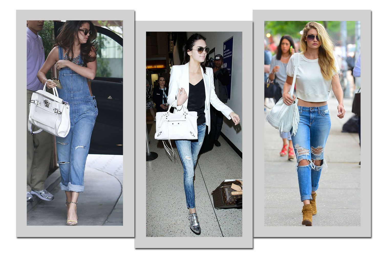 Da esquerda para a direita, as bolsas brancas de Selena Gomez, Kendall Jenner e Gigi Hadid - Fotos: Reprodução/Instagram