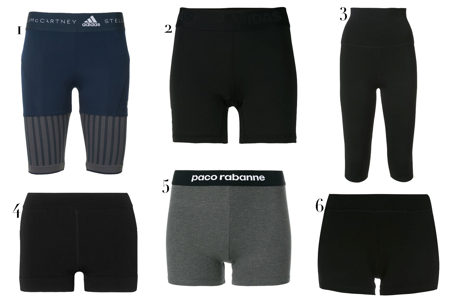 1. Adidas by Stella McCartney, R$980; 2. Adidas, R$290;  3. Khaite, R$6.460; Alaïa, $460; 5. Paco Rabane, R$780; 6. DSquared2, R$ 1.360 - Fotos: Divulgação