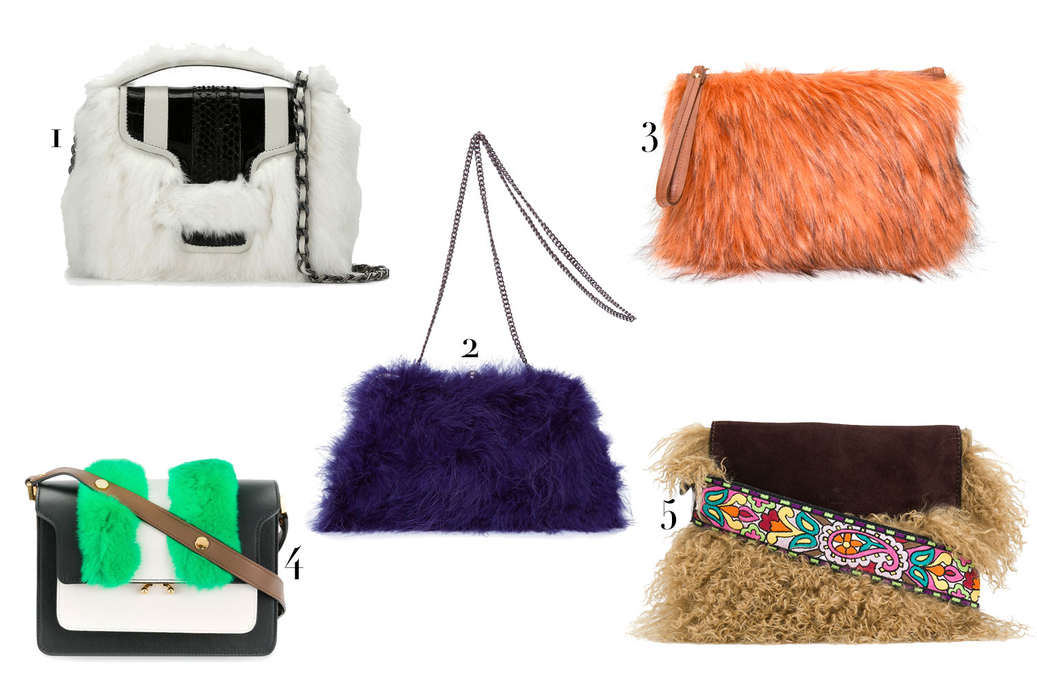 1. Andrea Bogosian, R$2.875 (Farfetch); 2. Le Lis Blanc, R$899,90 (Shop2Gether); 3. Animale, R$358 (Shop2Gether); 4. Marni, R$14.280 (Farfetch); 5. Etro, R$10.910 (Farfetch) - Fotos: Divulgação