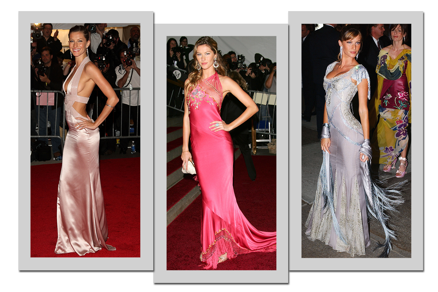 Da esquerda para a direita, vestidos Versace (2011), Dior (2006) e Dolce & Gabbana (2003) - Fotos: Getty Images