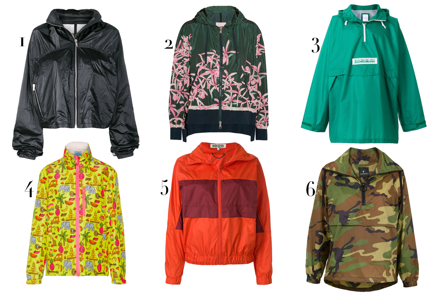 1. Rick Owens DRKSHDW, R$ 6.870; 2. Moncler, R$ 1.355; 3. Napa By Martine Rose, R$ 4.510; 4. Prada, R$ 2.610; 5. Kenzo, R$ 3.150; 6. Le Lis Blanc, R$ 1.590 - Fotos: Divulgação
