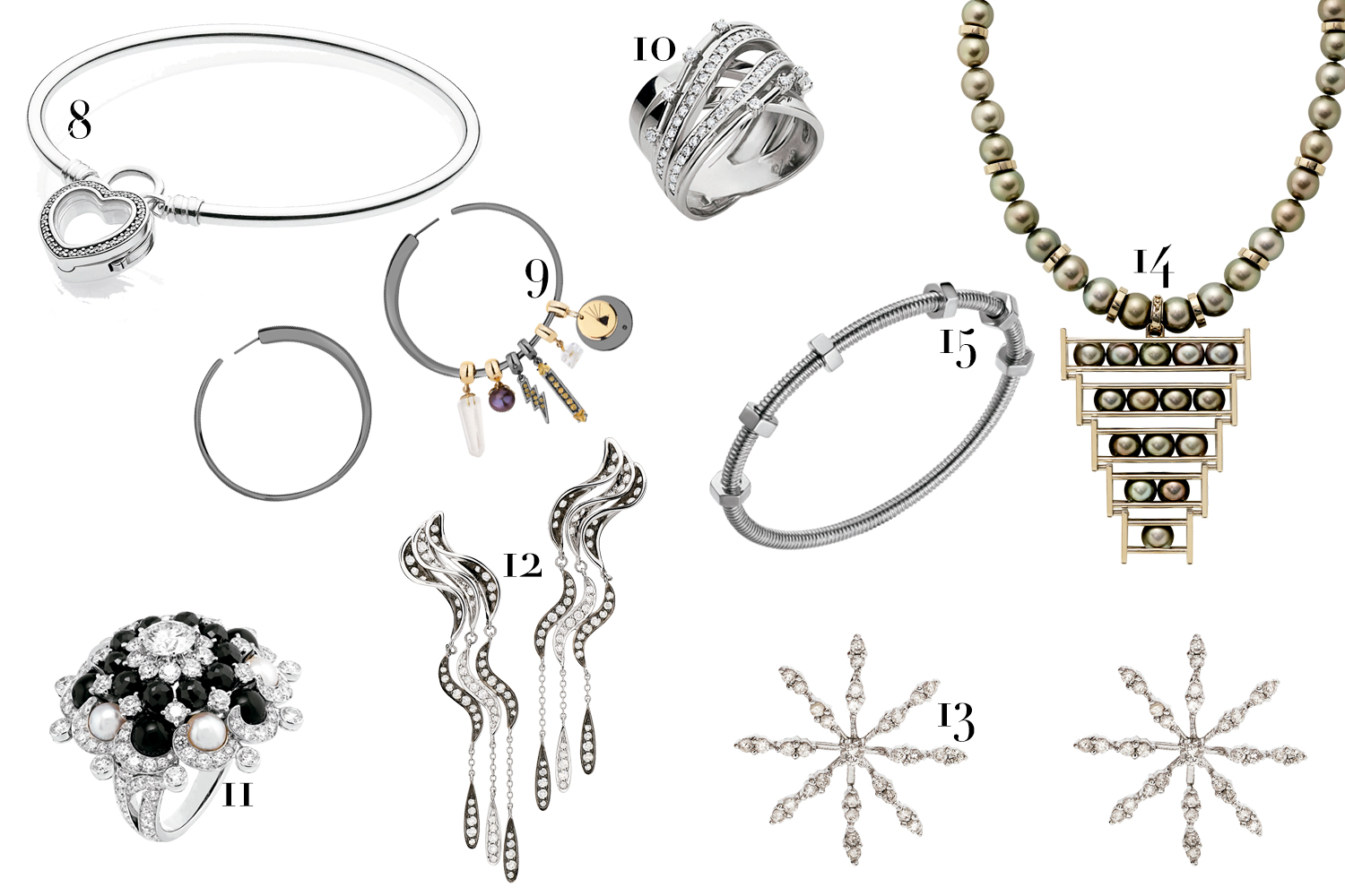 8. Floating Locket brilhante com coração, da Pandora (R$ 425); 9. Coleção Lux, da Carol Bassi Jewelry + Danielle Carvalho, da Multimarcas D&D; 10. Anel Priscila do Vale (preço sob consulta); 11. Anel Van Cleef & Arpels (preço sob consulta); 12. Brincos Julio Okubo (preço sob consulta); 13. Brincos Carolina Neves (preço sob consulta); 14. Colar Yael Sonia (preço sob consulta); 15. Pulseira Cartier (R$ 29.000) - Fotos: Divulgação