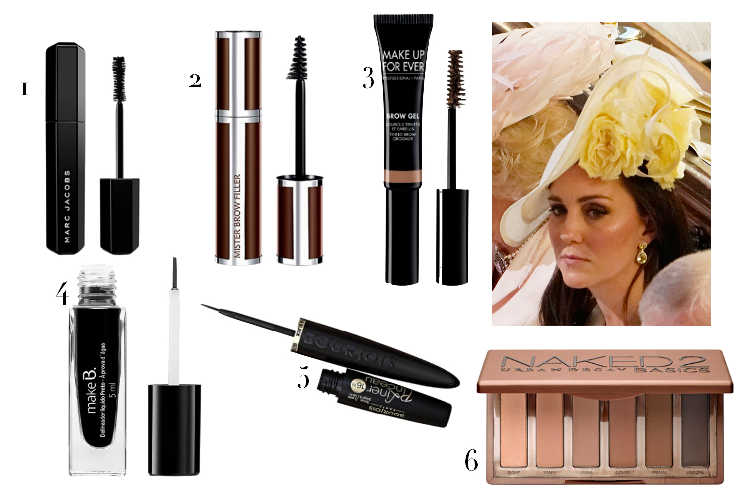 1. Máscara de cílios Marc Jacobs Beauty, R$ 175; 2. Máscara para sobrancelha Givenchy, R$ 155; 3. Gel de sobrancelha Make Up For Evet, R$ 99; 4. Delineador Make B. O Boticário, R$ 54,90; 5. Delineador Bourjois, R$ 65; 6. Estojo de sombra Urban Decay, R$ 239 - Fotos: Divulgação