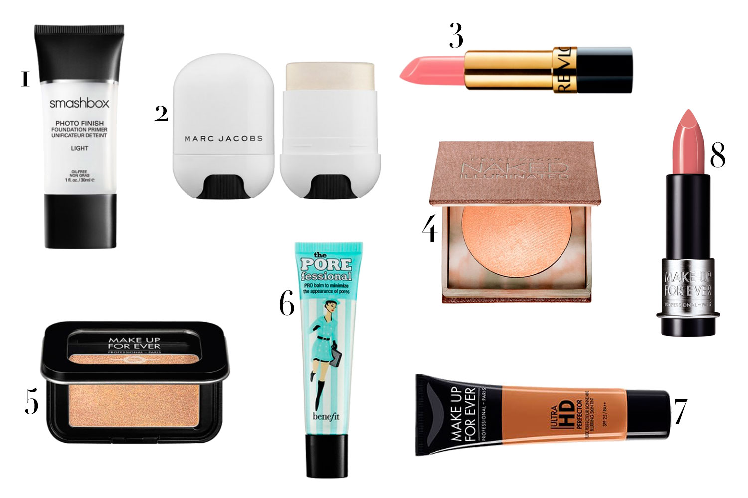 1. Primer Photo Finish Foundation Smashbox, R$ 199; 2. Iluminador Marc Jacobs Beauty, R$ 259; 3. Batom Super Lustrous Revlon, R$ 29; 4. Iluminador Urban Decay, R$ 219; 5. Iluminador e blush Artista Face Color Make Up For Ever, R$ 125; 6. Primer Pore Fessional Benefit, R$ 65; 7. Primer Make Up For Ever, R$ 179; 8. Batom Artist Rouge Make Up For Ever, R$ 85 - Fotos: Divulgação