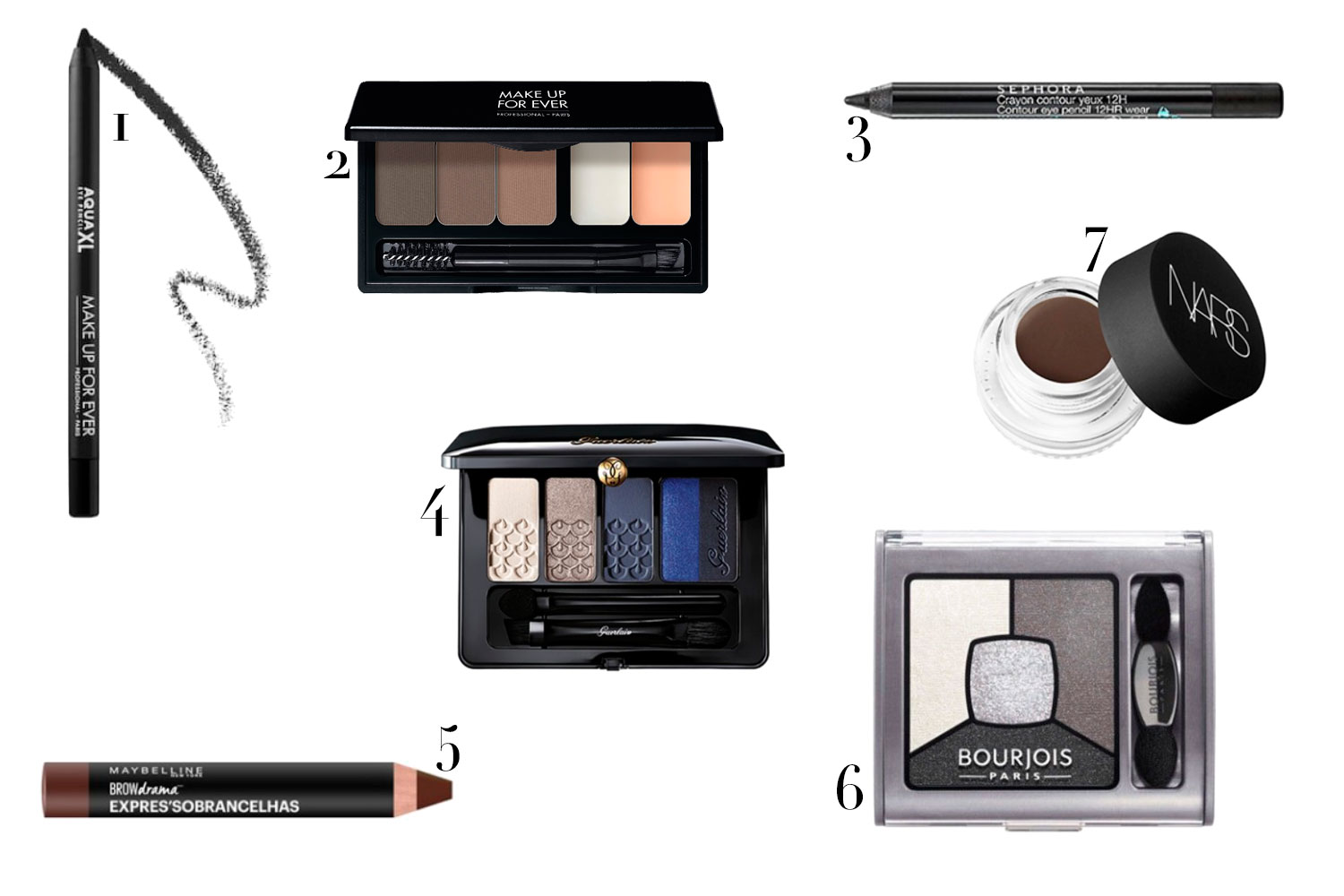 1. Lápis Aqua XL Make Up For Ever, R$ 60; 2. Pro Sculping Brow Make Up For Ever, R$ 199; 3. Lápis de olho Sephora Collection, R$ 49; 4. Quinteto de sombras Guerlain, R$ 330; 5. Lápis de sobrancelha Maybelline, R$ 38; 6. Quarteto de sombras Bourjois, R$ 90; 7. Sombra cremosa para sobrancelhas Nars, R$ 135 - Foto: Divulgação