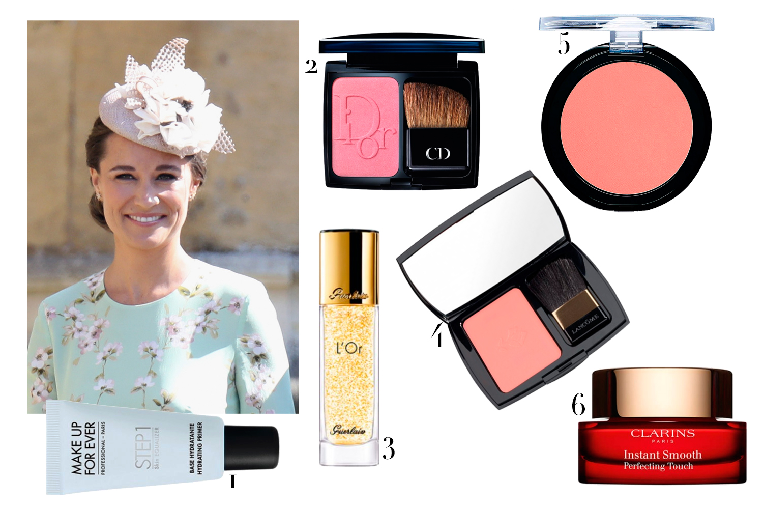 1. Primer hidratante Make Up For Ever, R$ 85; 2. Blush Dior, R$ 255; 3. Primer L'Or Guerlain, R$ 350; 4. Blush Lancôme, R$ 299; 5. Blush Aquarela Natura, R$ 29,90; 6. Creme pré-maquiagem Clarins, R$ 190 - Fotos: Divulgação