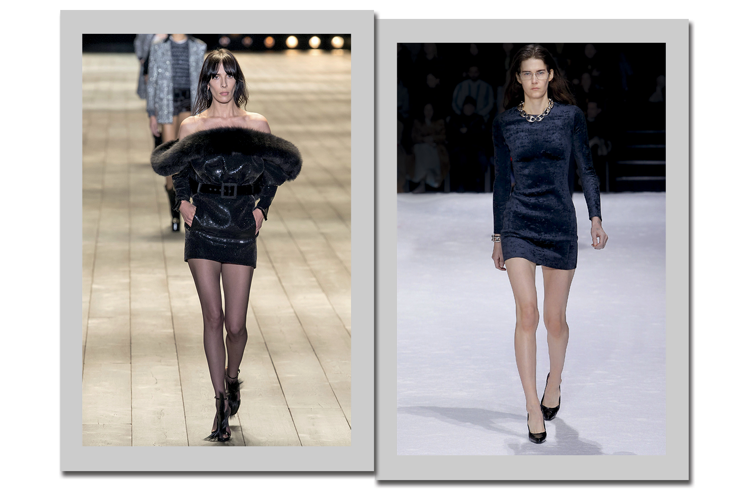 Saint Laurent (à esquerda) e Balenciaga (à direita) - Foto: Getty Images