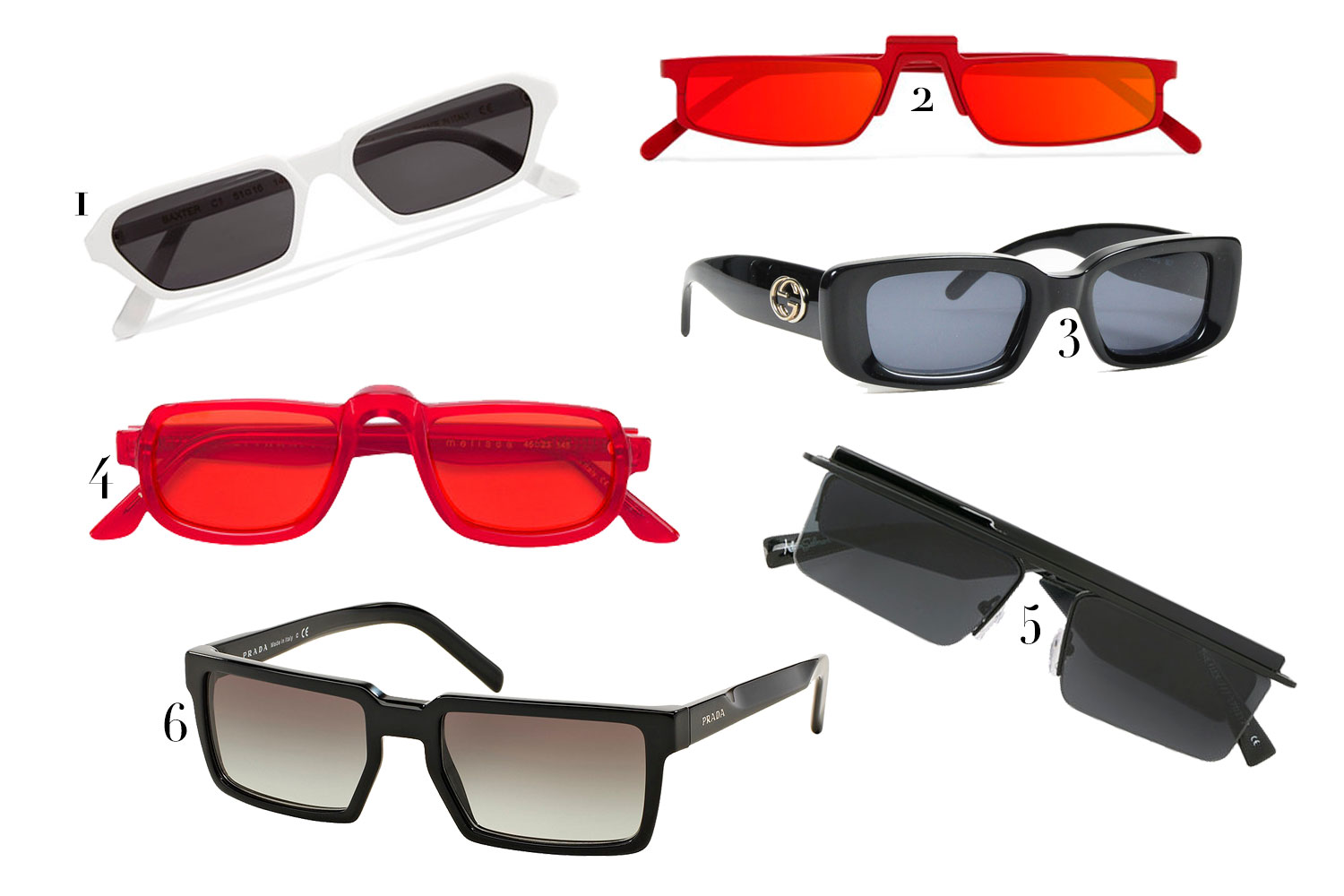1. Illesteva, $230; 2. Andy Wolf, $385; 3. Gucci, R$ 350; 4. More Than This, R$1.610; 5. Le Specs, R$1.240; 6. Prada, R$ 1,4 mil - Fotos: Divulgação 