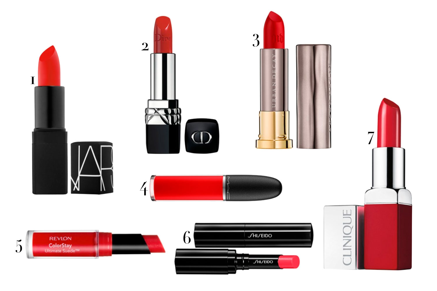 (1) Nars, R$ 139; (2) Dior, R$ 159; (3) Urban Decay, R$ 76; (4) Retro Matte M.A.C, R$ 99; (5) Revlon, R$ 54; (6) Shiseido, R$ 159; (7) Clinique, R$ 85 - Fotos: Divulgação
