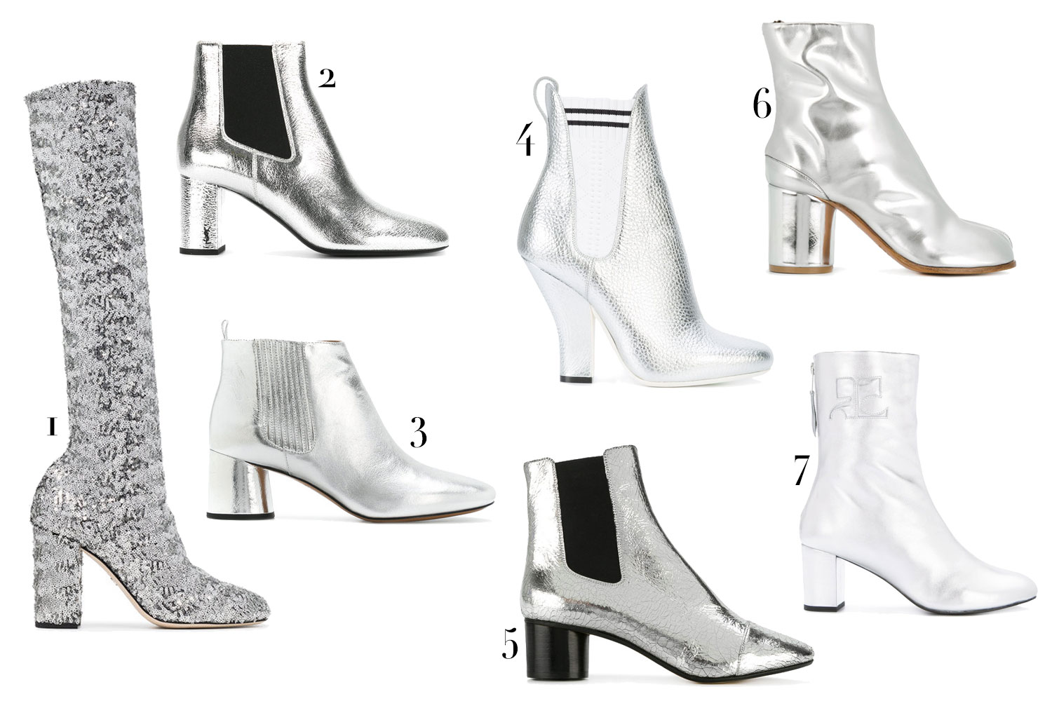 (1) Dolce & Gabbana, R$ 1.650; (2) Saint Laurent, R$ 6.680; (3) Marc Jacobs, R$ 2.184; (4) Fendi, R$ 4.130; (5) Isabel Marant, R$ 3.760; (6) Maison Margiela; R$ 6.410; (7) Courréges, R$ 3.678 - Fotos: Divulgação
