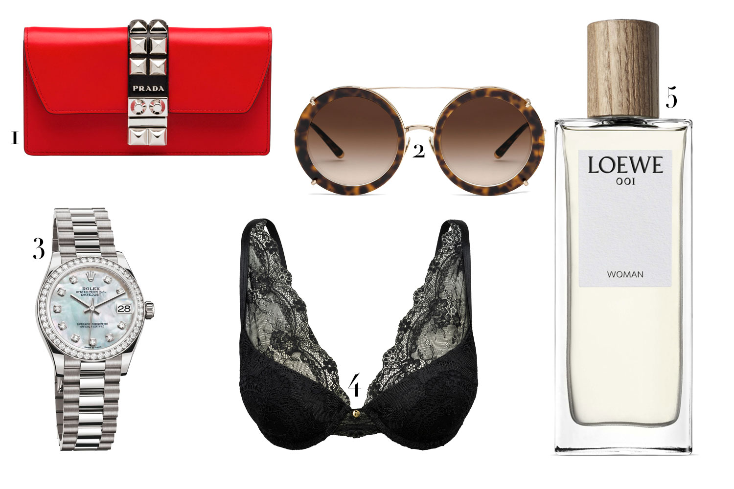 (1) Porta-celular, Prada, R$ 3,8 mil; (2) Óculos, Dolce & Gabbana para Luxottica, R$ 2.120; (3) Relógio com diamantes, Rolex, preço sob consulta; (4) Sutiã de renda, Hope, R$ 149; (5) Perfume 001, Loewe, R$ 496 - Fotos: Divulgação