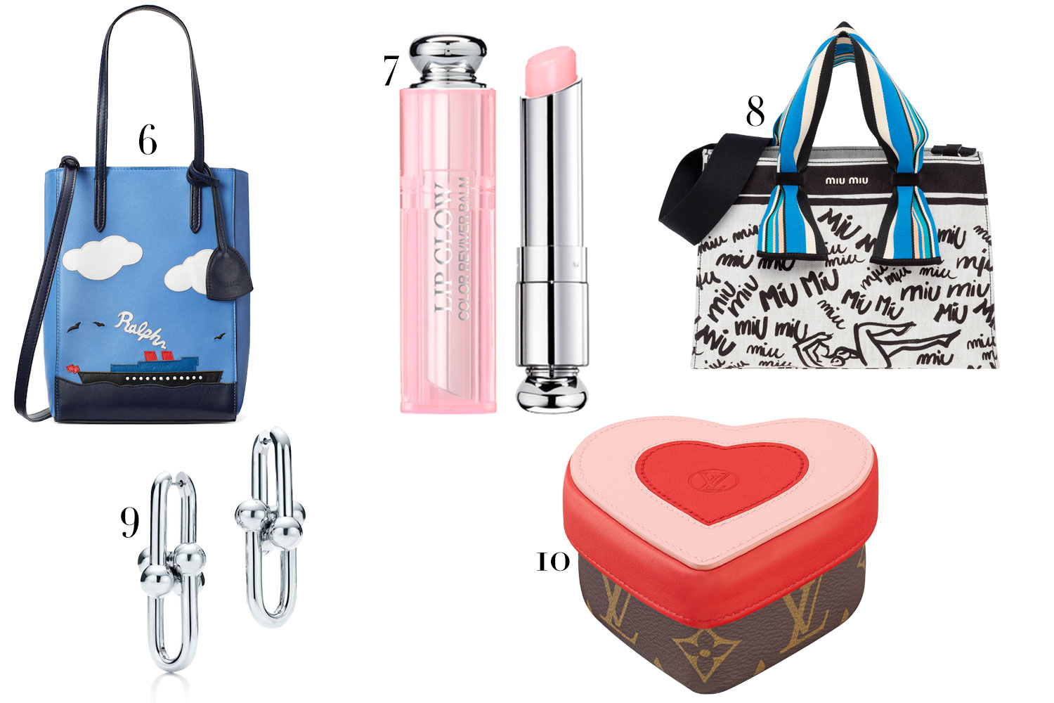 (6) Bolsa de couro, Ralph Lauren, R$ 4,8 mil; (7) Batom Dior Addict Lip Glow, Dior, R$ 159; (8) Bolsa estampada, Miu Miu, R$ 4,5 mil; (9) Brincos com elos, Tiffany, R$ 4.230; (10) aixinha de couro, Louis Vuitton, R$ 2.860 - Fotos: Divulgação
