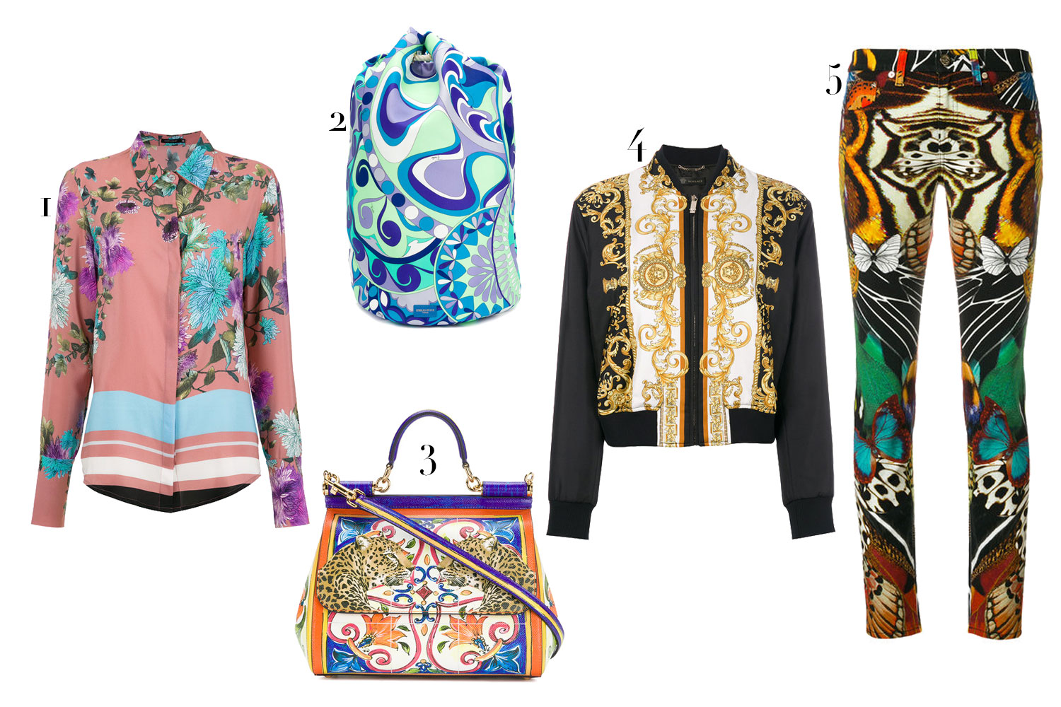 (1) Camisa Corporeum, R$1.230; (2) bolsa Emilio Pucci, R$5.870; (3) bolsa Dolce & Gabbana, R$9.800; (4) jaqueta bomber Versace, R$12.720; (5) calça slim Roberto Cavalli, R$4.550 - Fotos: Divulgação