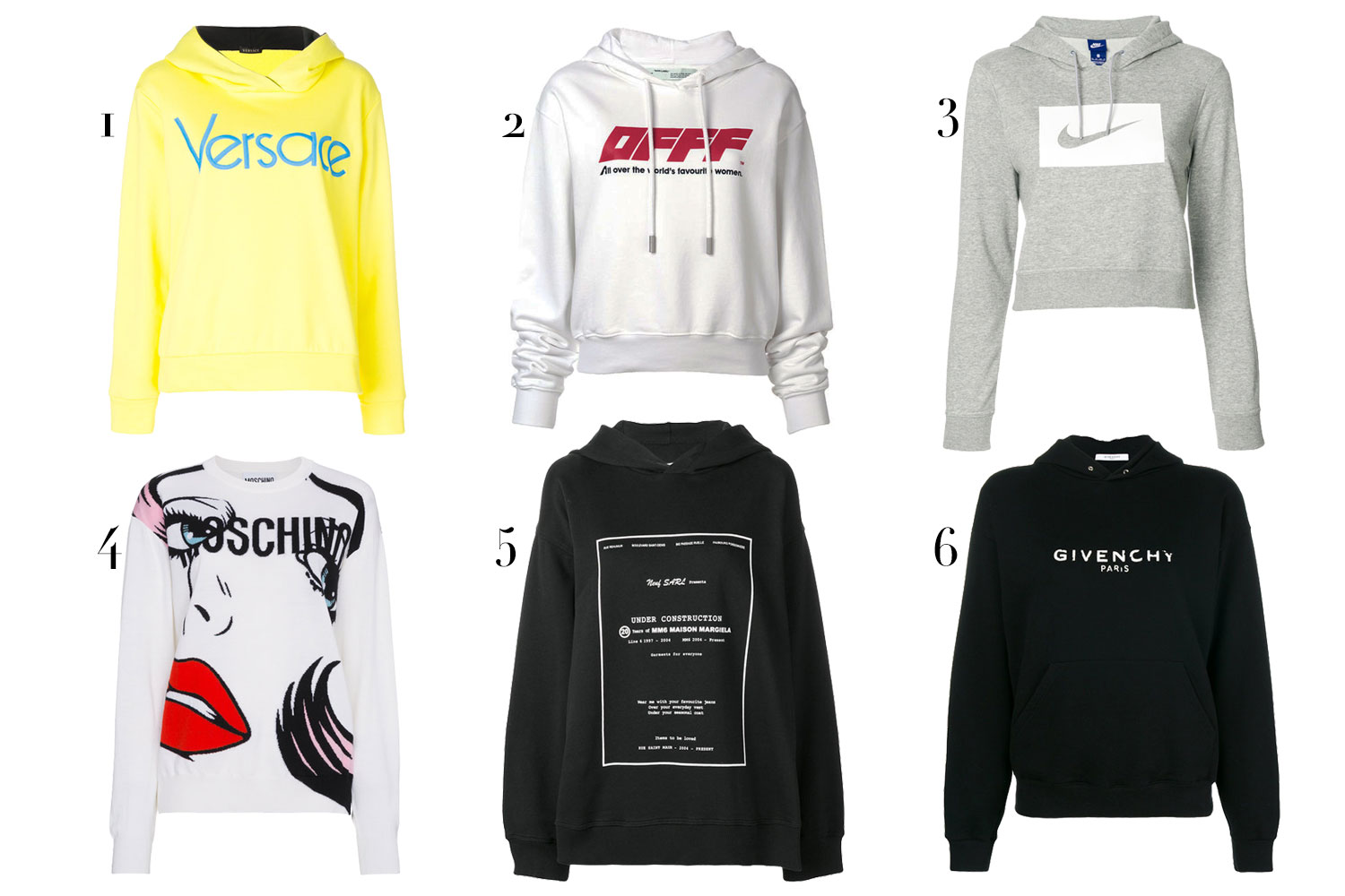 (1) Versace, R$ 5.420; (2) Off-White, R$ 4.140; (3) Nike, R$ 420; (4) Moschino, R$ 3.950; (5) MM6 Maison Margiela, R$ 2.720; (6) Givenchy, R$ 4.930 - Fotos: Divulgação