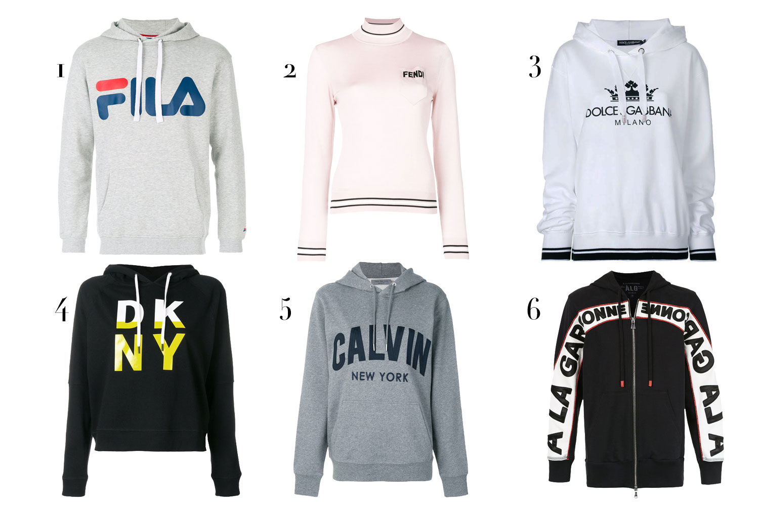 (1) Fila, R$ 650; (2) Fendi, R$ 5.840; (3) Dolce & Gabbana, R$ 3.310; (4) DKNY, R$ 650; (5) CK Jeans, R$ 595; (6) À La Garçonne, R$ 998 - Fotos: Divulgação