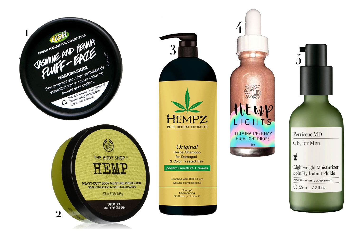 (1) Condicionador de cabelo, da Lush; (2) hidratante corporal, The Body Shop; (3) xampu para cabelos quimicamente tratados, da Hempz; (4) iluminador facial, da Stay Wild Organics; (5) condicionador de cabelo, da Perricone MD - Fotos: Divulgação 