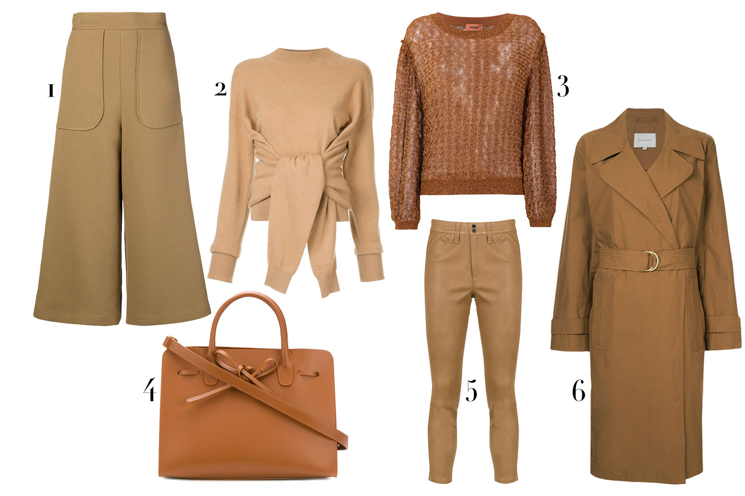 (1) Calça See by Chloé, R$ 2.400; (2) suéter Alexander Wang, R$ 2.725; (3) blusa Missoni, R$ 3.780; (4) bolsa Mansur Gavriel, R$ 10.480; (5) calça Le Lis Blanc, R$ 3.290; (6) trench coat Lee Matthews, preço sob consulta - Fotos: Divulgação