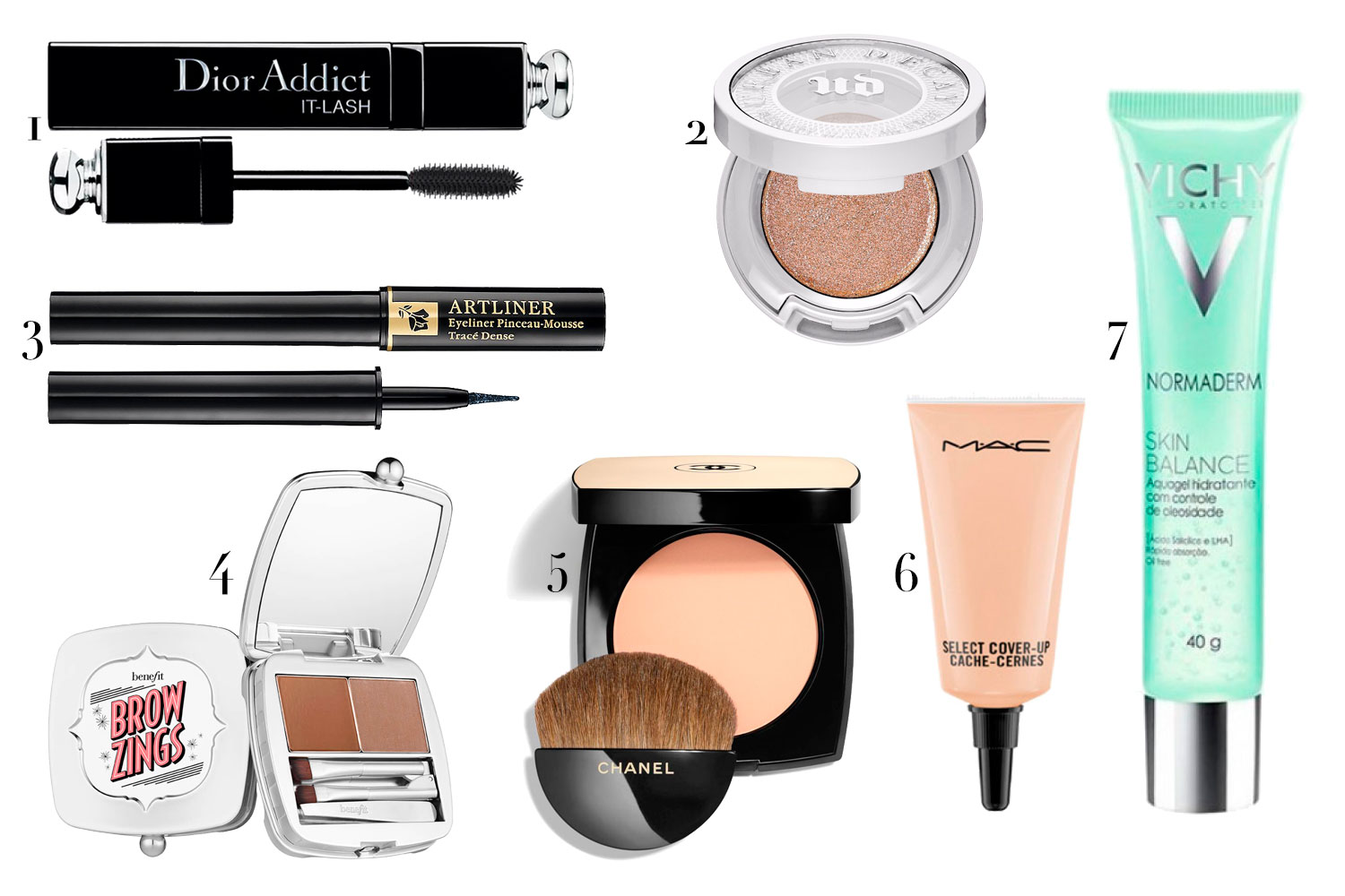 (1) Máscara de cílios DiorAddict, da Dior; (2) Sobra em tom champanhe com brilho, da Urban Decay; (3) delineador da Lancôme; (4) Brow Zings, da Benefit; (5) pó compacto, da Chanel; (6) corretivo Select Cover-Up, da M.A.C; (7) hidratante Normaderm Skin Balance, da Vichy - Fotos: Divulgação