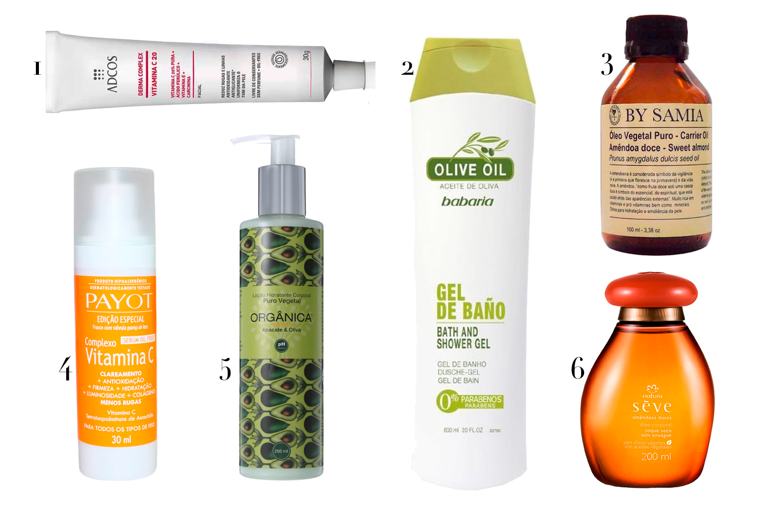 (1) Creme com vitamina C, da Adcos; (2) gel de banho de óelo de oliva, da Babaria; (3) óleo vegetal puro de amêndoa doce multiuso, serve para cabelo e pele, da By Samia; (4) creme para o rosto com vitamina C, da Payot; (5) loção hidratante com óleo de olivia e abacate, da Orgânica; (6) óleo de amêndoa doce, da Natura - Fotos: Divulgação