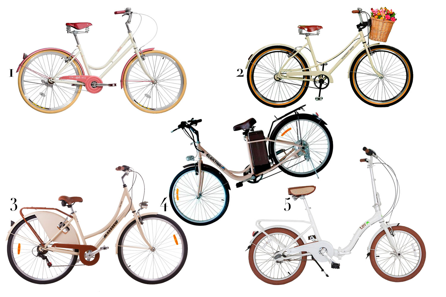 (1) Novello, 1.390; (2) Master Bike, R$ 960; (3) ElektraBikes, R$ 6.999; (4) Mobele, 2.199; e (5) Lev, R$ 900 - Fotos: Divulgação