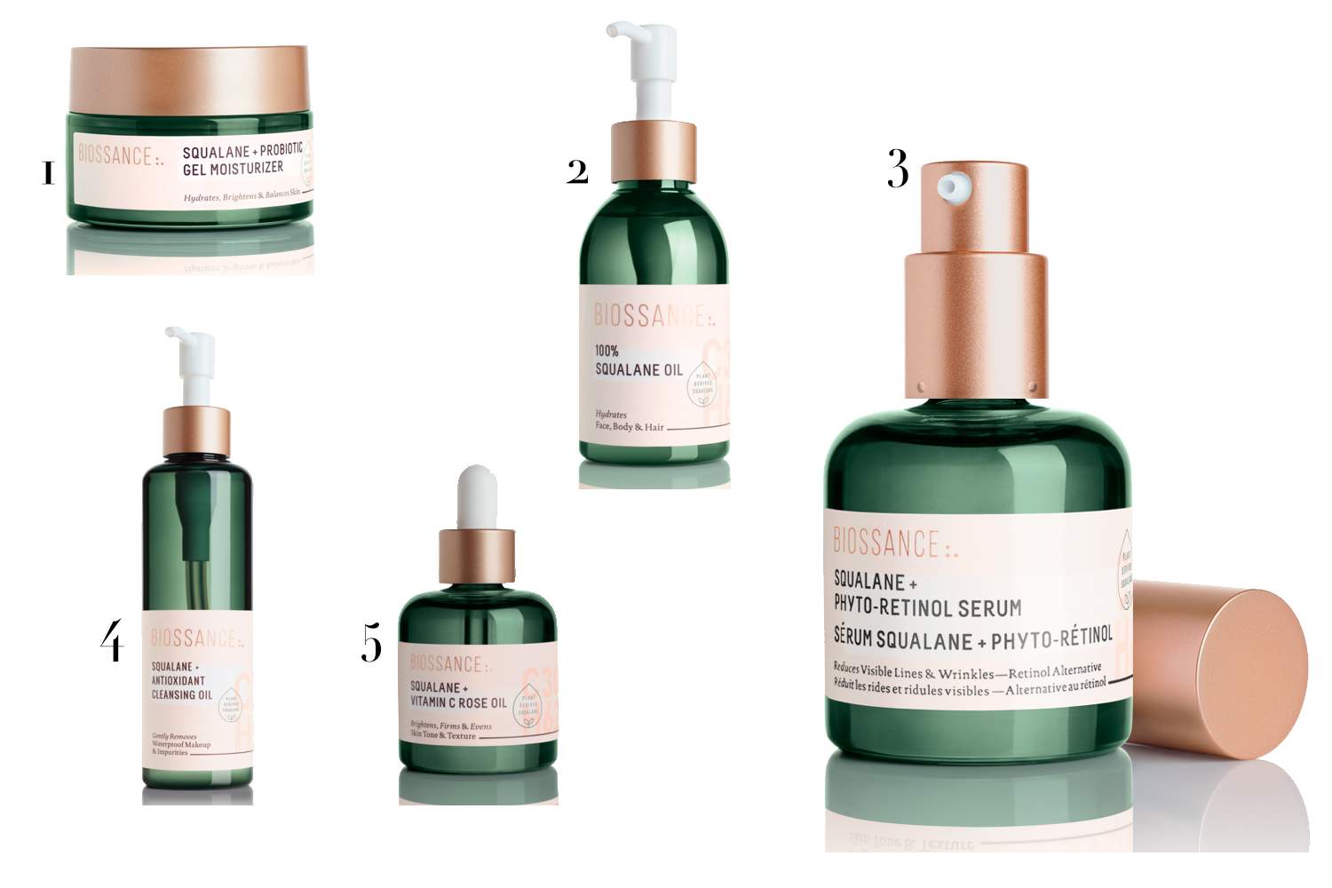 (1) Gel hidrantante,, R$ 249; (2) óleo, R$ 239; (3) sérum phyto-retino, R$ 389; (4) óleo de limpeza antioxidante, R$ 149; e (5) óleo com vitamina c e extrato de rosas, R$ 299 - Fotos: Divulgação
