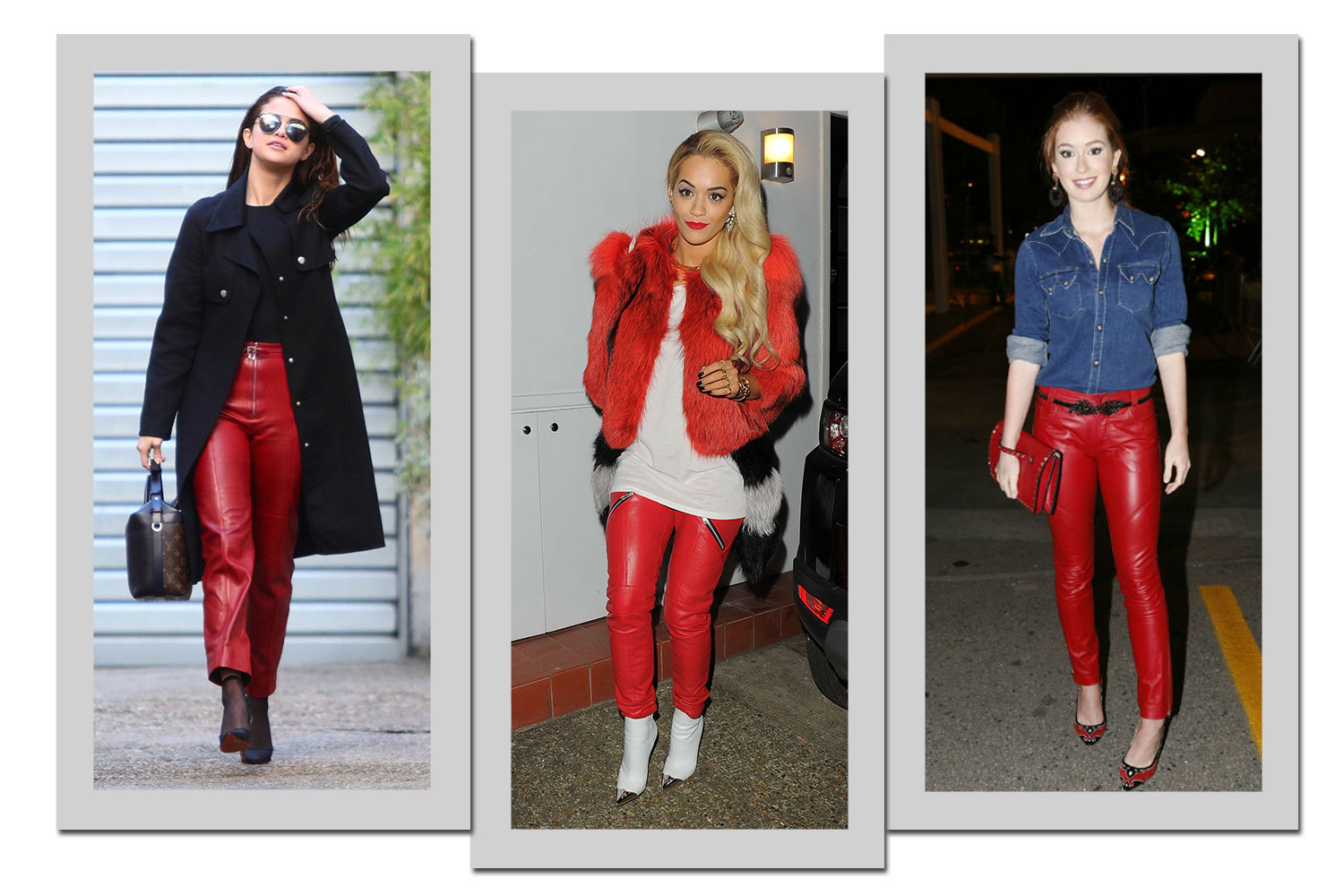 De couro, da esquerda para a direita: Selena Gomez, Rita Ora e Marina Ruy Barbosa - Fotos: Getty Images e Divulgação