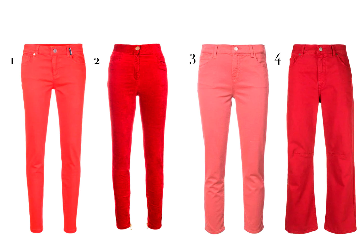 (1) Versace Jeans, R$ 1.338; (2) Balmain, R$ 5.740; (2) J.Brand, R$ 1.056; (4) MM8 Maison Margiela, R$ 2,1 mil - Fotos: Divulgação