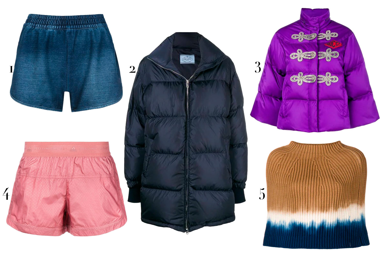(1) Track & Field, R$ 279; (2) Prada, R$ 14.108; (3) Gucci, R$ 20.558; (4) Stella McCartney (R$ 660); (5) Sonia Rykiel, R$ 2.714 - Fotos: Divulgação 