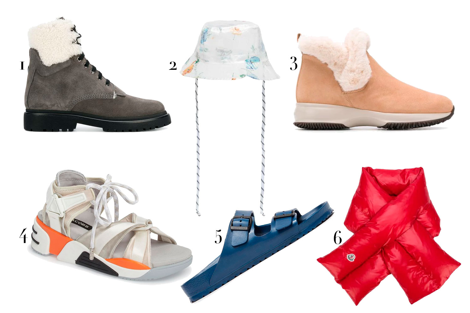 (1) Moncler, R$ 5.893; (2) Ganni, R$ 603; (3) Hogan, R$ 2.837; (4) Marc Jacobs, preço sob consulta; (5) Birkenstock, R$ 400; (6) Moncler, R$ 1.481 - Foto: Divulgação
