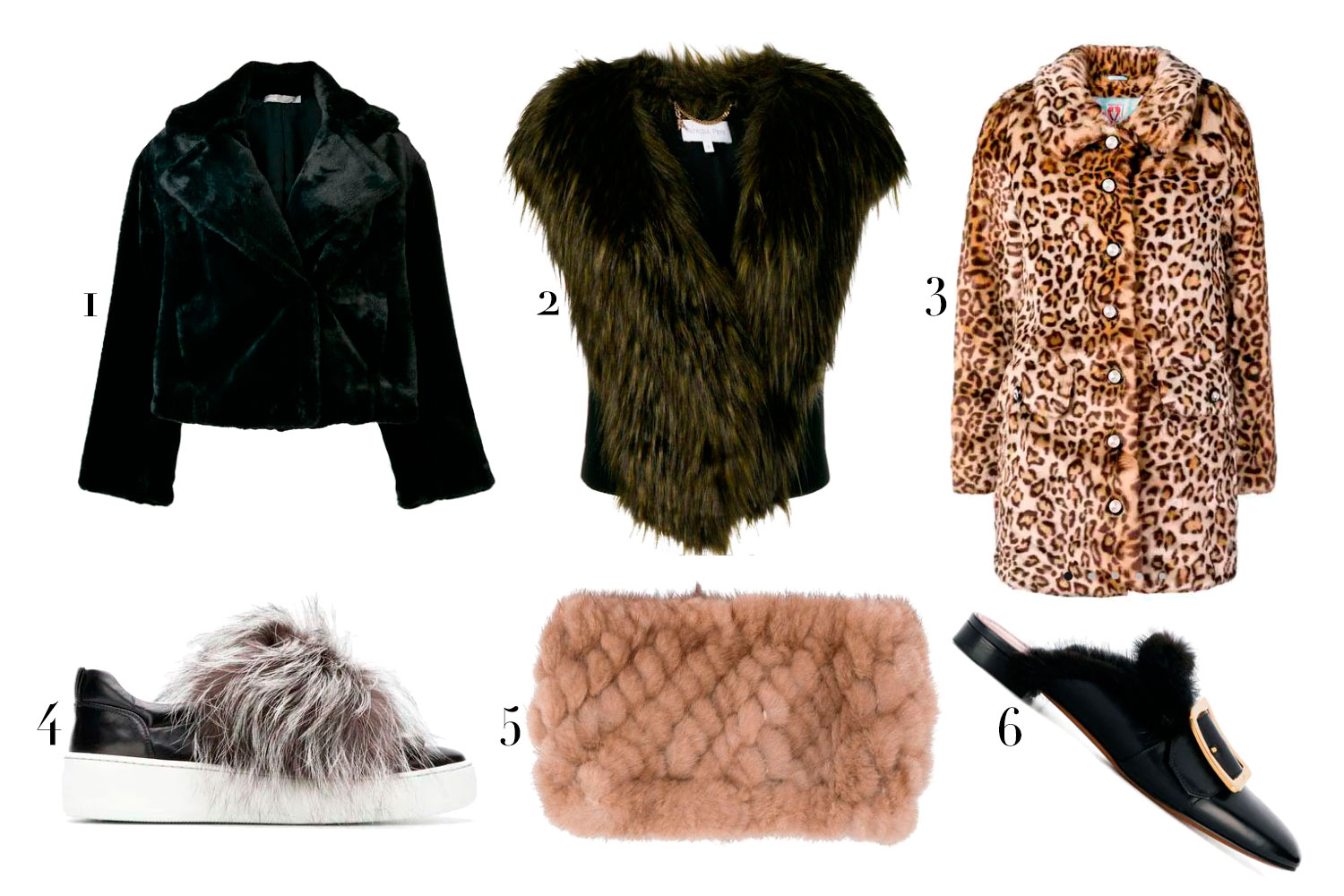(1) Casaco Vince, R$ 4.564; (2) colete Patrizia Pepe, R$ 2.086; (3) casaco Shrimps, R$ 5.128; (4) tênis Sergio Rossi, R$ 6.124; (5) clutch Max Mara, R$ 1.756; (6) mule Bally, R$ 4.587 - Fotos: Divulgação