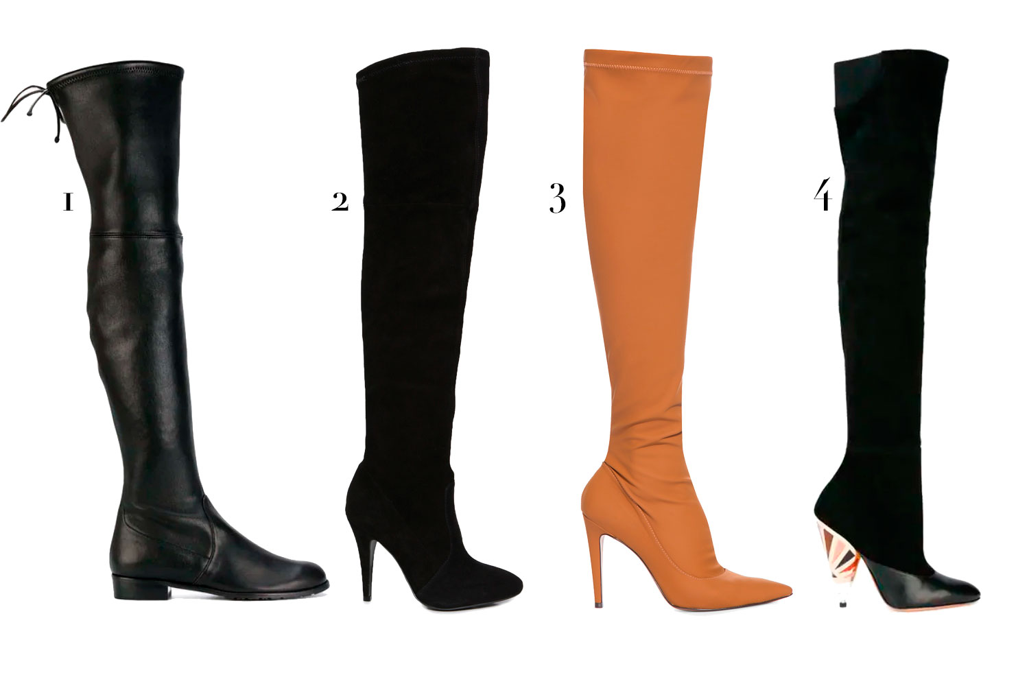 (1) Stuart Weitzamn, R$ 6.980; (2) Le Lis Blanc, R$ 1.890; (3) Luiza Barcelos, R$ 499; (4) Givenchy, R$ 14.880 - Fotos: Divulgação