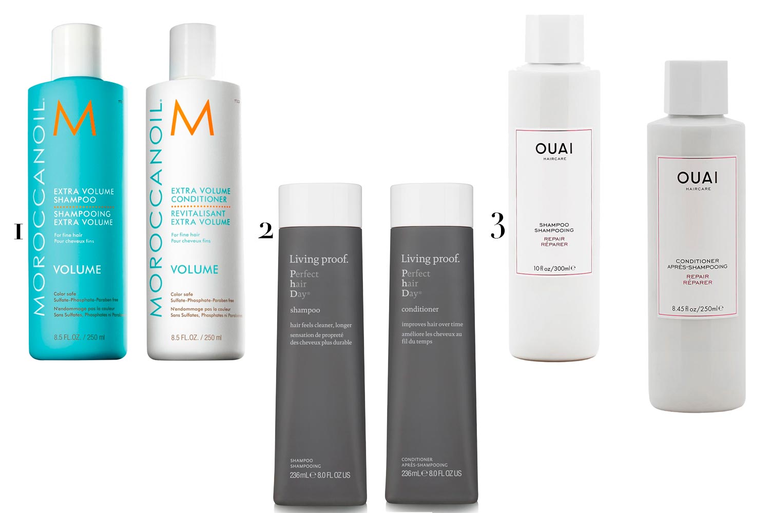 (1) Linha para volume extra, da Moroccanoil; (2) linha da Living Prove que promente cabelo limpo por mais tempor; e (3) linha da Ouai para cabelo seco e quimicamente tratado - Fotos: Divulgação