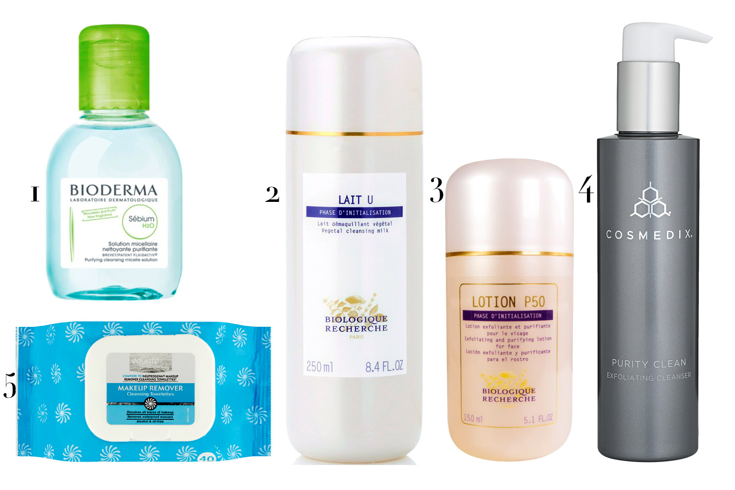 (1) Água micelar da Bioderme; (2) Leite de Limpeza Biologique Recherche; (3) Loção P50 da Biologique Recherche; (4) Exfoliating Cleanser Cosmedix; e (5) pano de limpeza Equate Beauty - Fotos: Divulgação