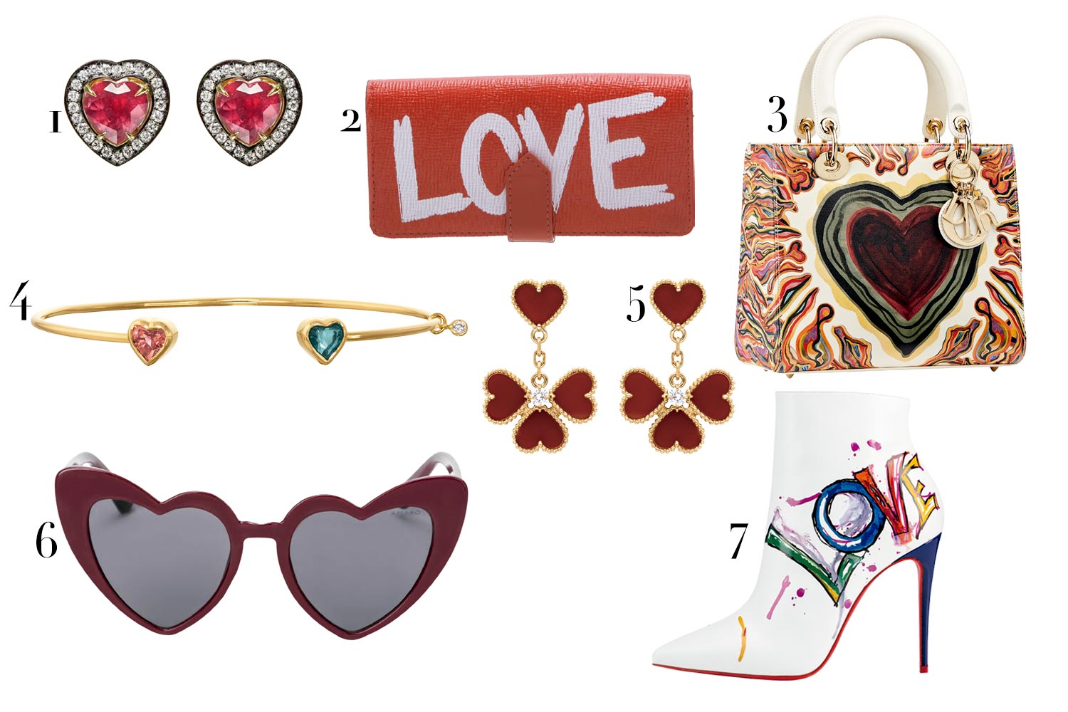 (1) Brincos Ara Vartanian, R$ 16.800, (2) carteira Schutz, R$ 290, (3) bolsa da coleção Dioramour Christian Dior, (4) pulseira Sauer, R$ 8.370, (5) brincos Van Cleef & Arpels, R$ 41.100; (6) óculos Amaro, R$ 129,90, e (7) botas Christian Louboutin, R$ 5.390 - Fotos: Divulgação