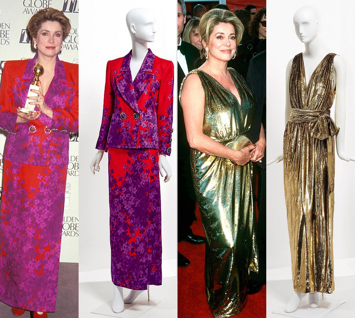 À esquerda, o vestido usado para o Globo de Ouro, em 1993, que pode custar entre R$ 4,3 mil e R$ 6,8 mil; à direita, o vestido usado para o Oscar, em 2000, que pode custar entre R$ 8,7 mil mil e R$ 13 mil - Fotos: Getty Images e divulgação/Christie's