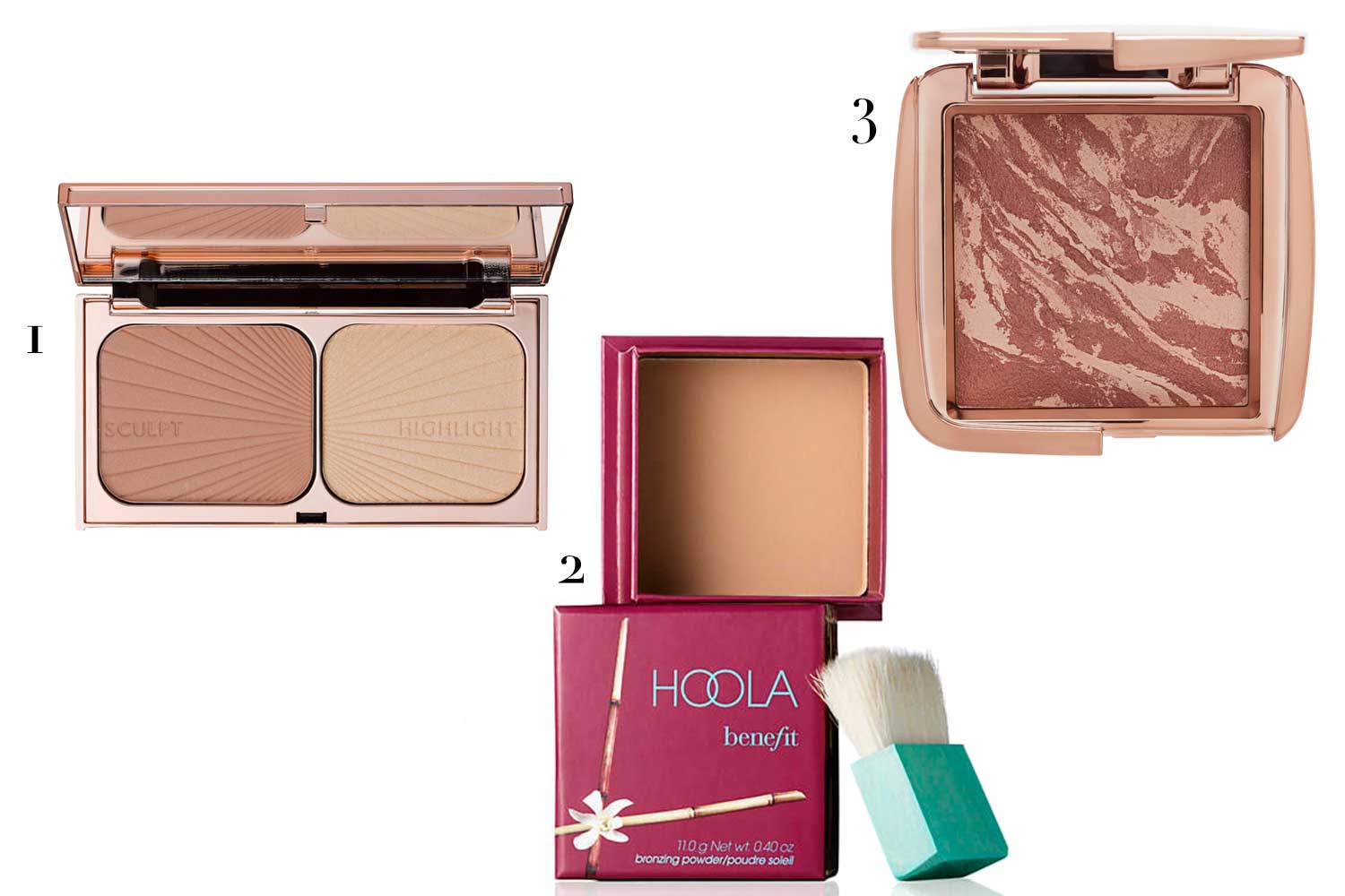 (1) Filmstar Bronze and Glow, da Charlotte Tilbury; (2) Hoola Matte Bronzer, da Benefit; e (3) Ambient Light Bronzer, da Hourglass - Fotos: Divulgação