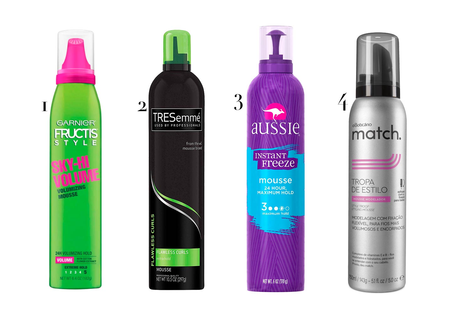 Mousse (1) Garnier, (2) Tresemmé, (3) Aussie e (4) O Boticário - Foto: Divulgação