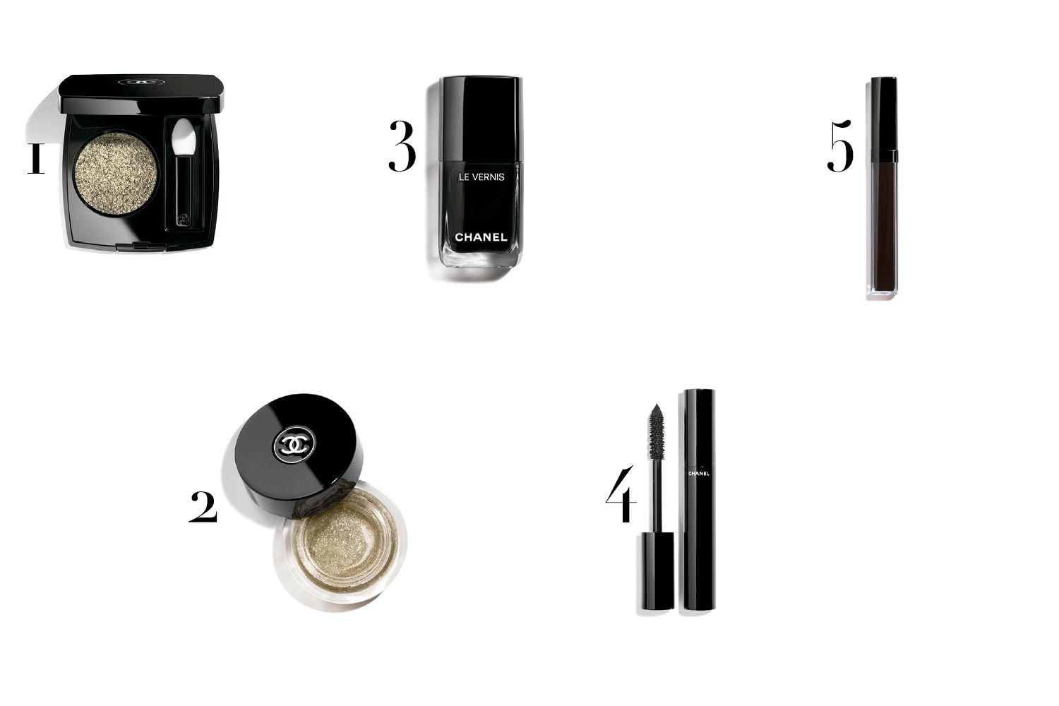 (1) Top coat de sombra Ombre Première, (2) Iluminador em gel Le Gel Pailleté, (3) Esmalte Le Vernis Pure Black, (4) Máscara de cílios Le Volume Ultra-Noir, e (5) Gloss Rouge Coco Laque Noir - Foto: Divulgação