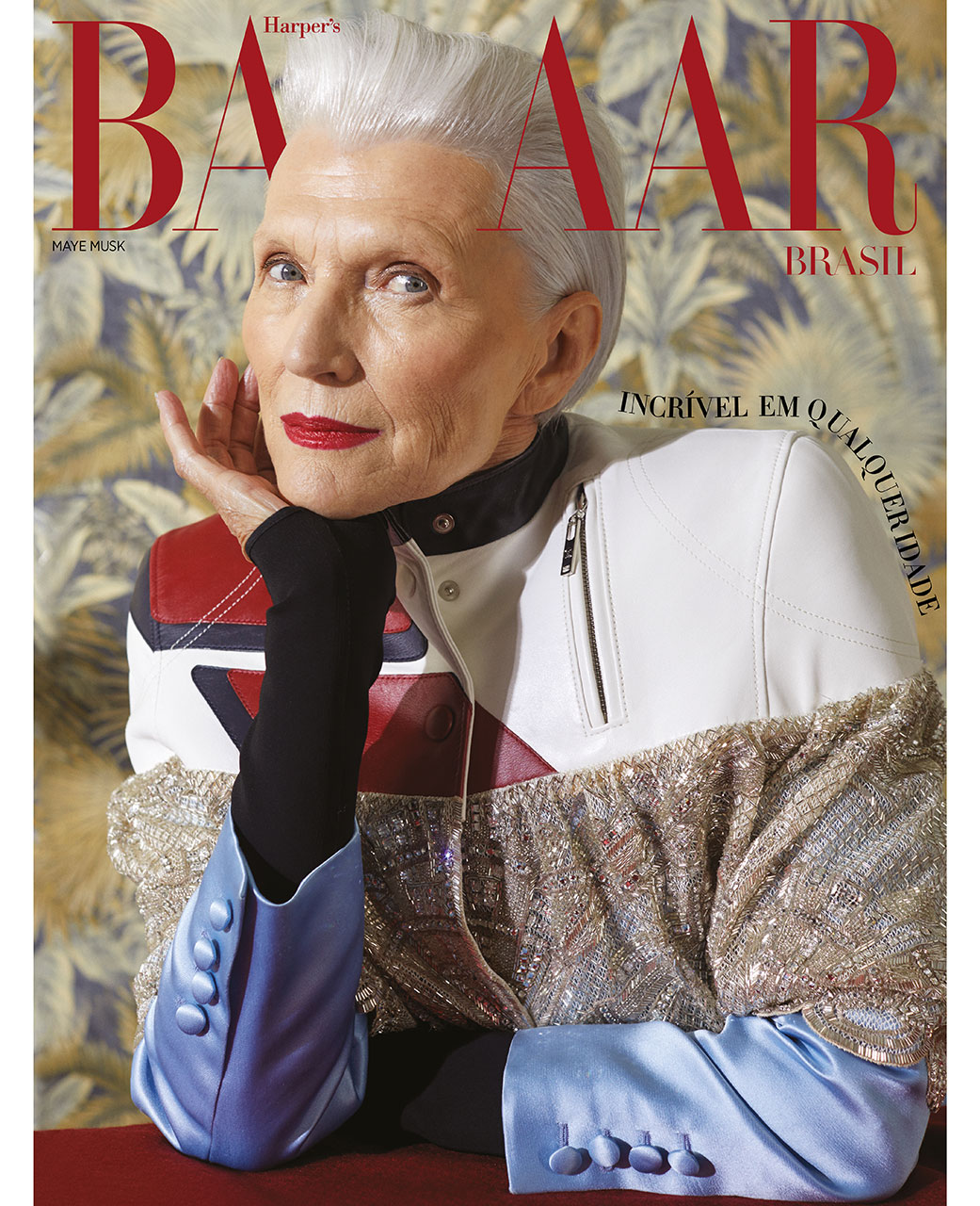 Maye Musk (IMG NYC) usa look total Louis Vuitton - Foto: Ricardo Riviera, com edição de moda de Jahulie Elizalde. Artista convidado Lutfi Janaina, cabelo de Erol Karadag e make de Chrystina Kay