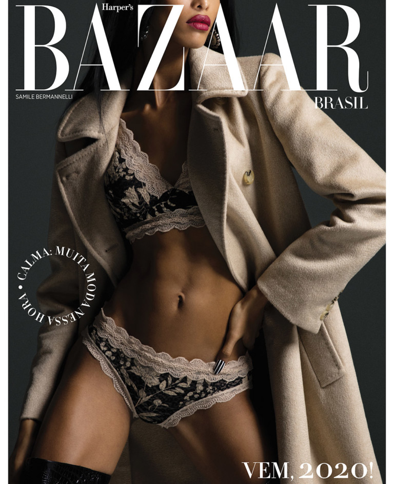 Samile Bermannelli (Mega e Elite NY) usa sutiã Intimissimi e casaco Max Mara - Foto: Ace Amir, com edição de moda Jahulie Elizalde, edição executiva de Filipa Bleck, cabelo de Erol Karadag, maquiagem de Ryan Burke, manicure Riwako Kobayashi, set design de Colin Lytton e movement director Michael Spencer Phillips